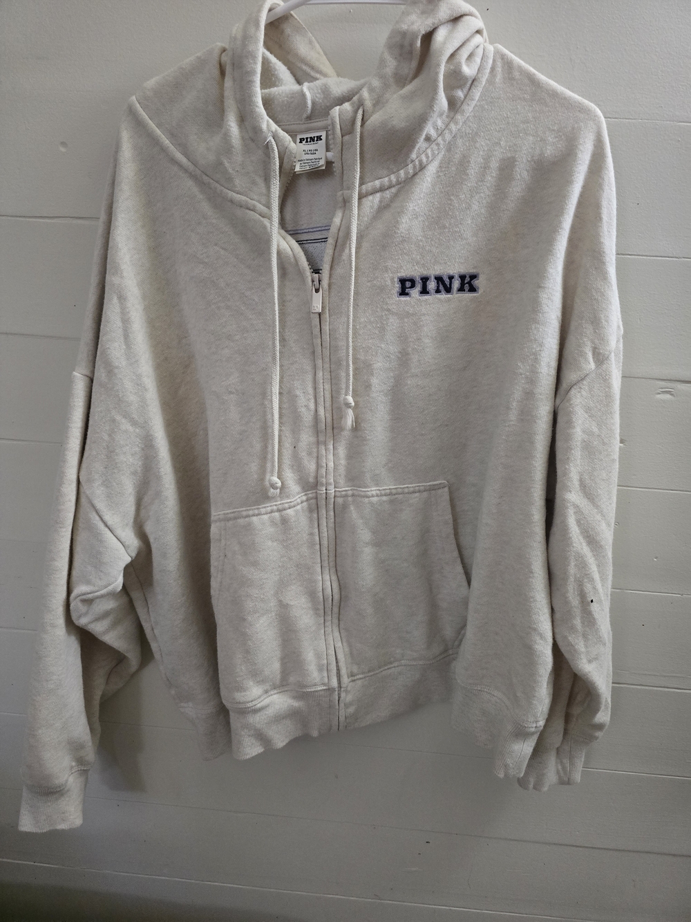 PINK Victoria's Secret Cream Zip-Up Hoodie with Navy Logo